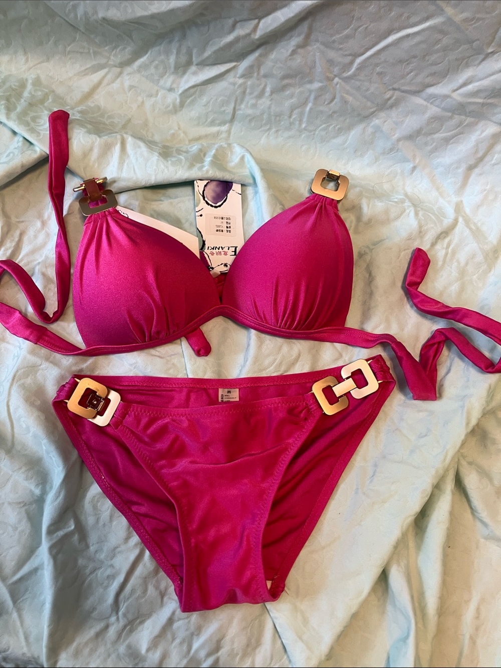 Hot Pink Bikini Set with Gold-Tone Buckle Accents